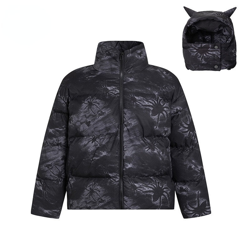 Парка мужская в стиле хип-хоп, уличная теплая пуховая куртка со съемной шапкой и принтом паука в стиле ретро, в стиле Харадзюку, зимнее пуховое пальто унисекс