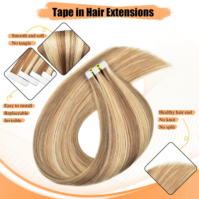 Tape In 100% Human Hair Extensions 16-26Inch Camel Brown Mixed with Bleach Blonde #8/613 Seamless Skin Weft Hair For Women 20pcs