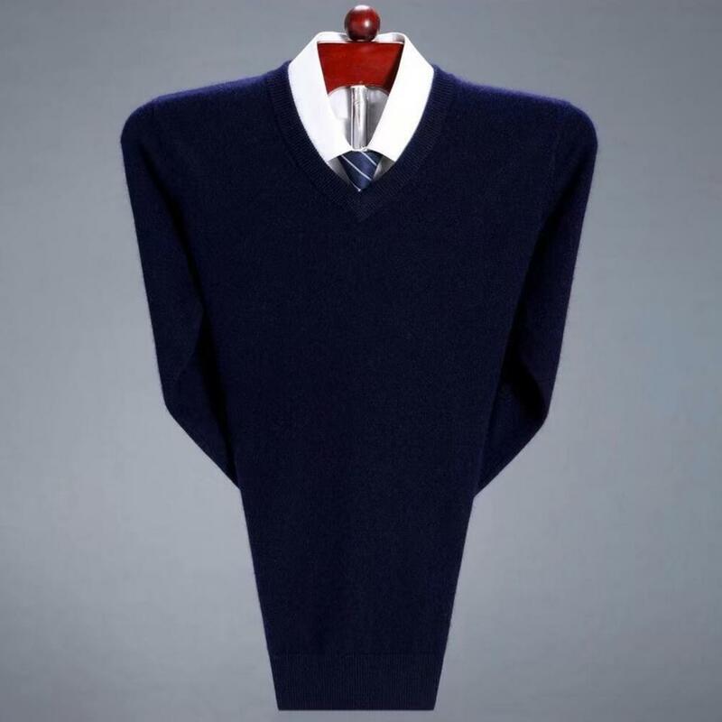 V-neck Long-sleeve Sweater Men's V Neck Solid Color Knitted Sweater Fall Winter Thick Pullover Soft Elastic Mid Length Sweater