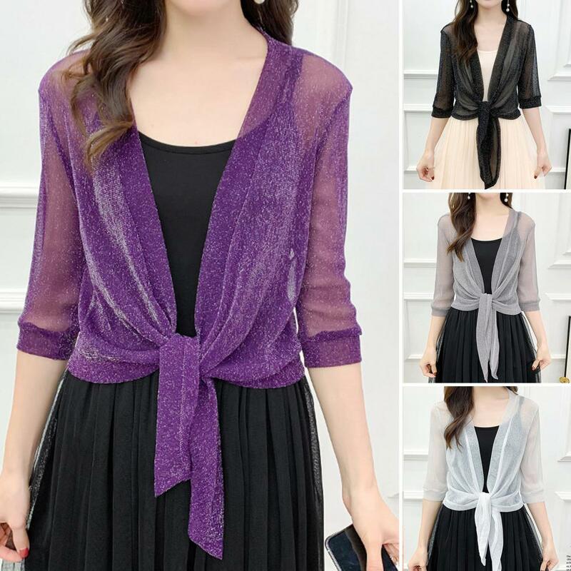 Trendy Jacket Cardigan  Solid Color Breathable Sunscreen Coat  Ladies Sexy Thin Sunscreen Short Jacket