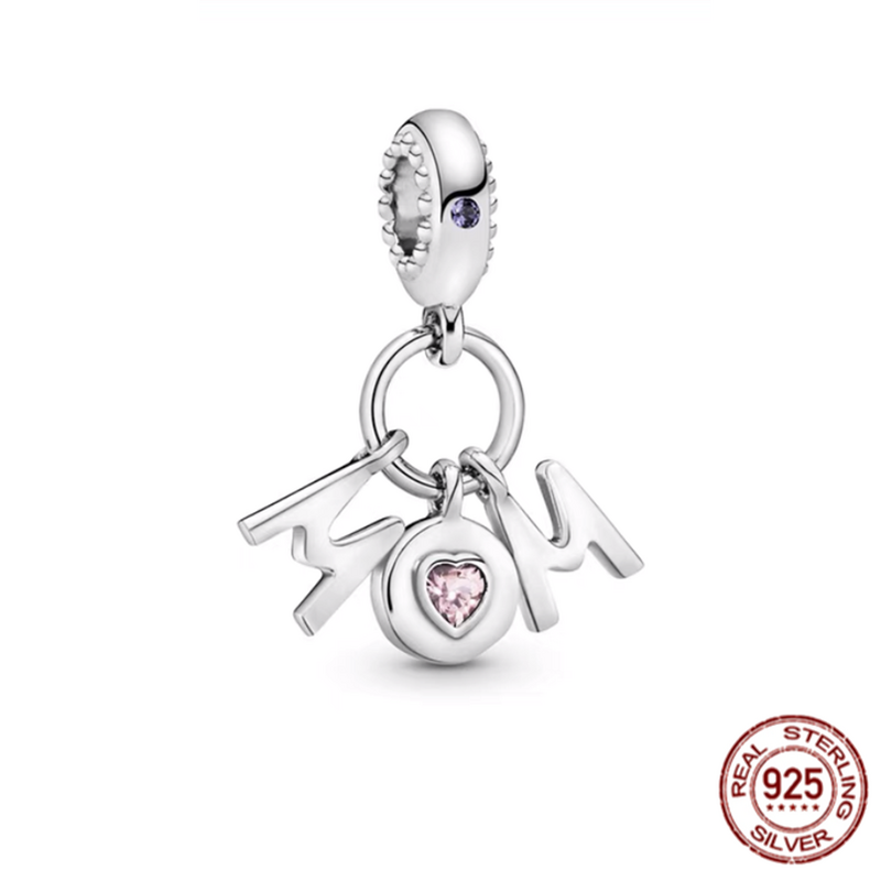 925 Sterling Silver Double Dangle Charme Bead para Mulheres, Cartas de Mãe, Coração, Fits Original Pulseira Pandora, Fashion Jewelry Gift