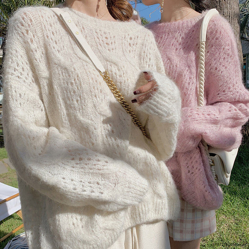 Sweter damski sweter z dziurami na wiosnę odzież wierzchnia luźny leniwy styl sweter ze słodkim cienka dzianina jesień