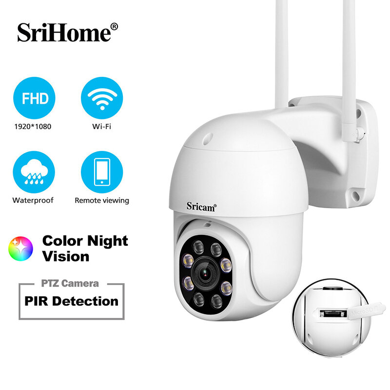 SriHome PTZ 와이파이 카메라 Ai 자동 추적 야외 IP 카메라, 양방향 오디오, 컬러 나이트 비전, CCTV 감시, SP028, 2MP