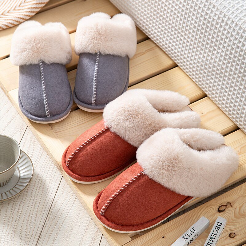 Feslishoet sandal datar wanita, Kasut katun dalam ruangan hangat lembut nyaman musim dingin