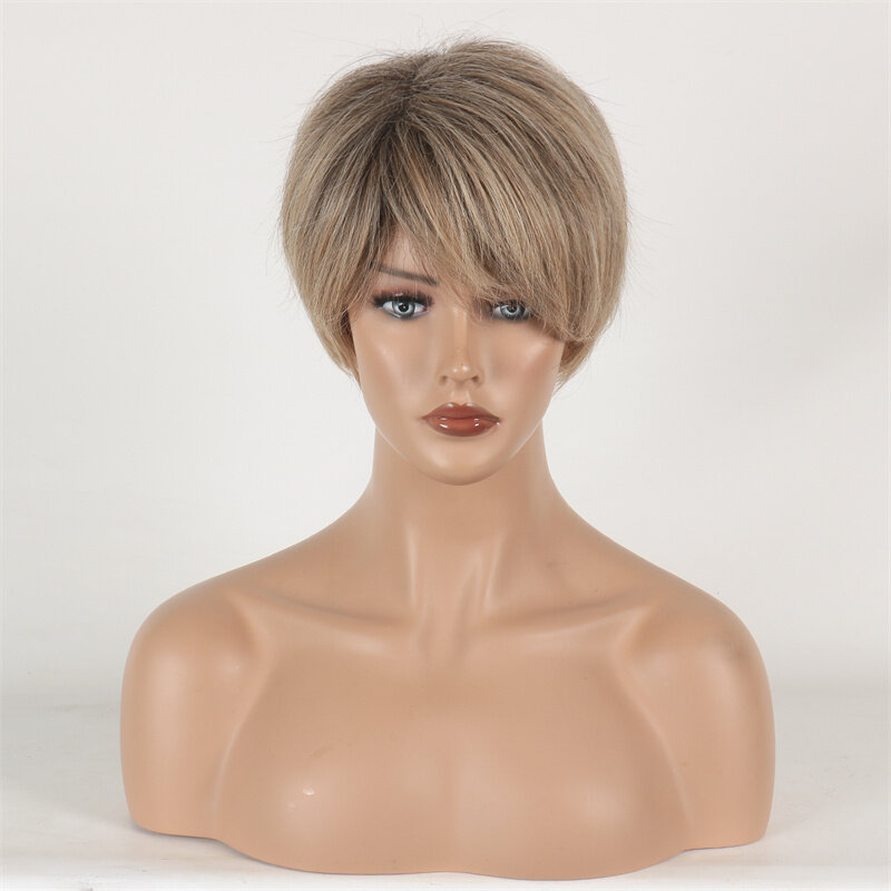 Wig rambut pendek emas wanita, Wig lurus kostum Cosplay pesta rambut sintetis tahan panas