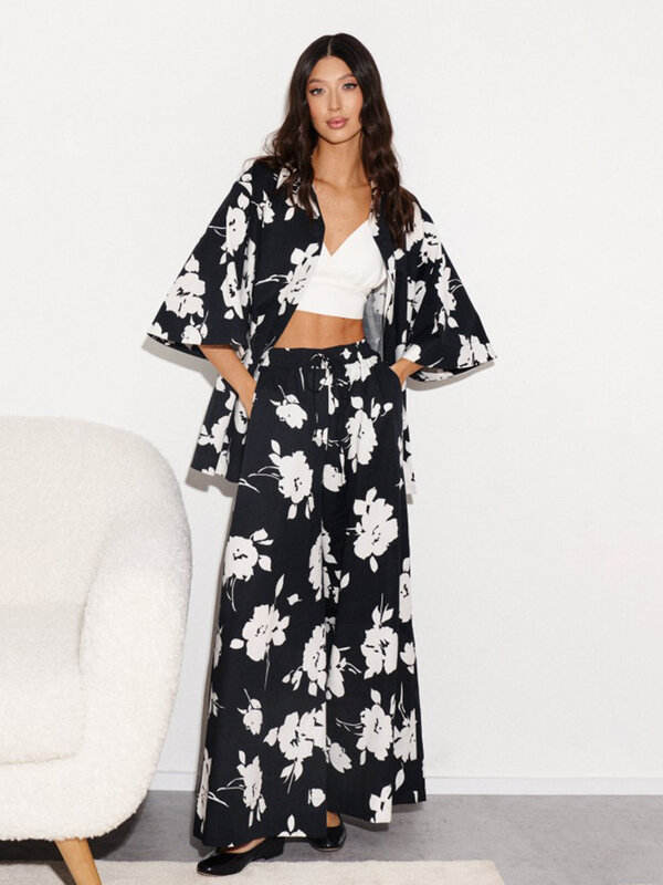 Mathaqiqi-Conjunto casual de pijama feminino, pijama de gola virada para baixo, pijama de manga três quartos, calças largas, terno estampado