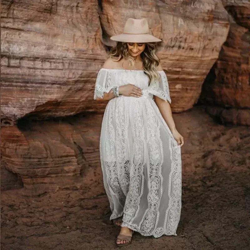 Sukienka swobodna koronka ciążowa bez ramion Boho kobieta w ciąży długa sukienka do fotografii sukienka Baby Shower