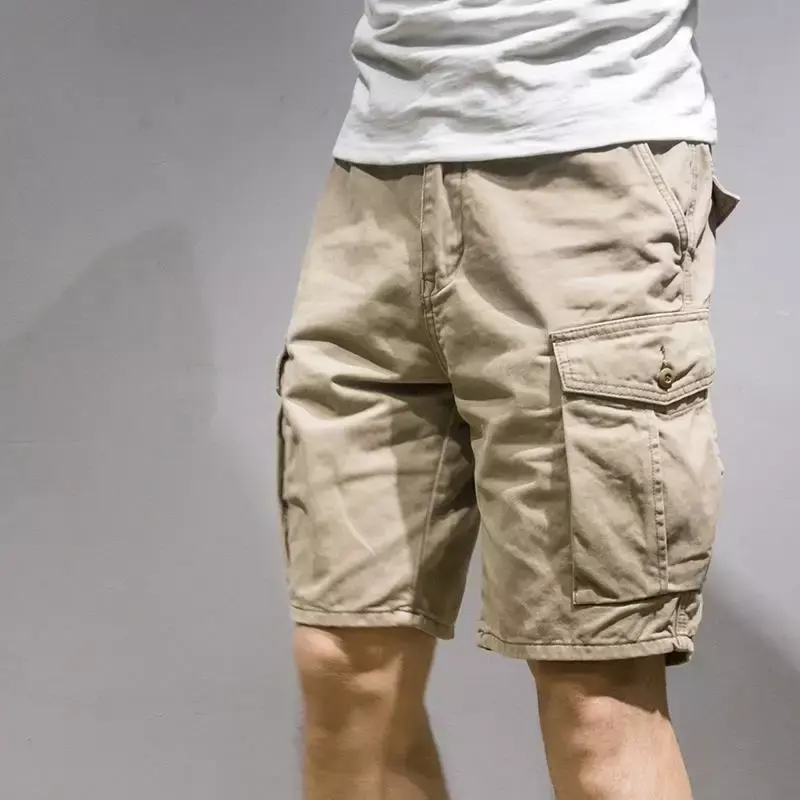 กางเกงขาสั้นเบอร์มิวดาสำหรับผู้ชายกางเกงขาสั้นคาร์โก้ผู้ชายสีกากีมีกระเป๋าด้านหน้าหรูหรา Y2k ฤดูร้อน