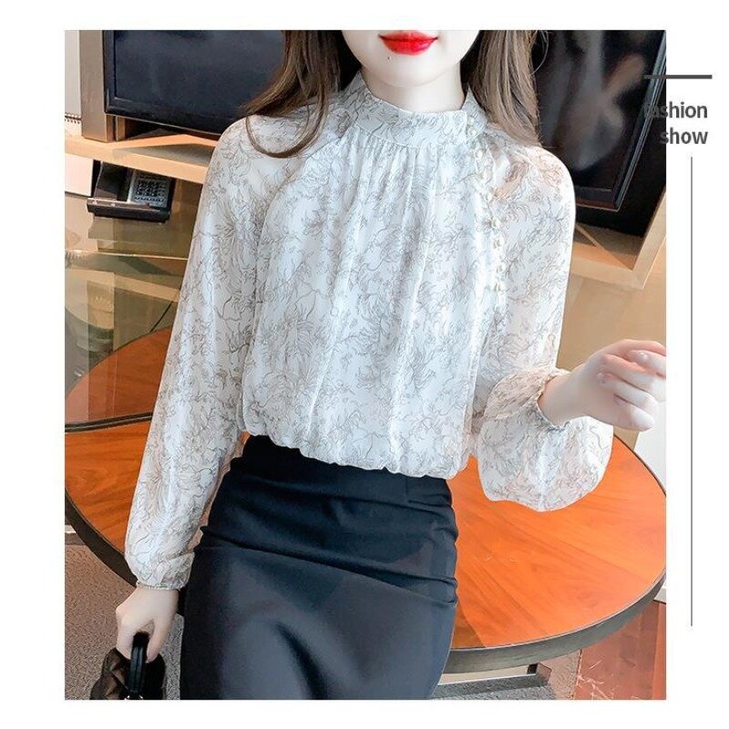 2024 New Style Fashion Print Spring Women's Embroidered Flares Elegant Versatile Commuting Long Sleeved Loose Chiffon Shirt Tops