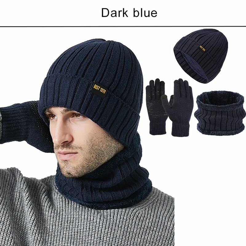 Conjunto de três peças de chapéu de lã tricotado para homens, proteção de orelha, boné pulôver, velo, quente