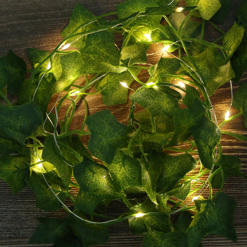 Tanaman rambat daun Maple buatan, tanaman palsu gantung daun hijau dengan 20LED lampu tali plastik daun Maple untuk dinding 2M