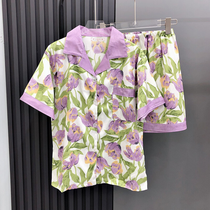 Conjuntos de Pijamas cortos de flores para mujer y niña, ropa de dormir de seda sintética, ropa de casa de verano