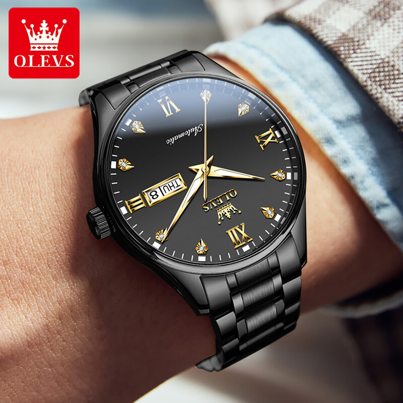 OLEVS-Relógio Mecânico Homens de Luxo Diamante, Marca Top, Aço inoxidável, Impermeável, Luminoso, Data, Moda, Relógio de pulso