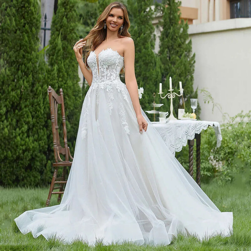 Gaun pernikahan putih baru untuk wanita tanpa tali tanpa lengan dengan applique bunga Tulle A-Line Vestidos 2024 gaun pengantin