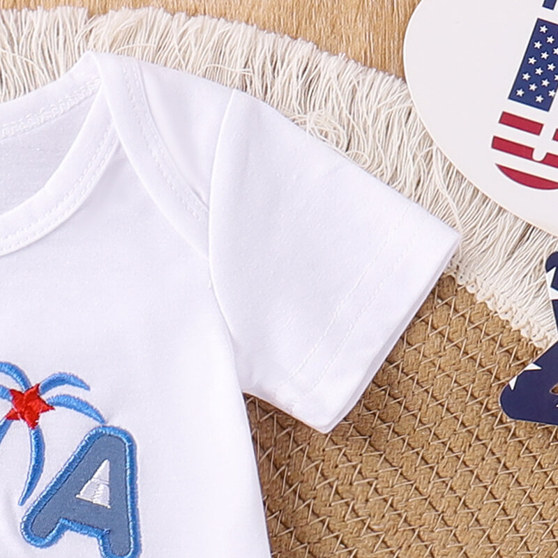 Boys 4th of July Shorts Sets Short Sleeve Letter Car Embroidery Romper Star Stripe Print Shorts Sets