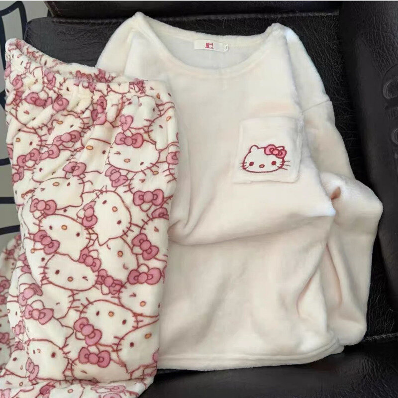 2 Piece Sanrio Hello Kitty New Sleepwear Suit Coral Plush Pullover Tops Trousers Home Clothes Set Y2k Women Cute Soft Nightdress