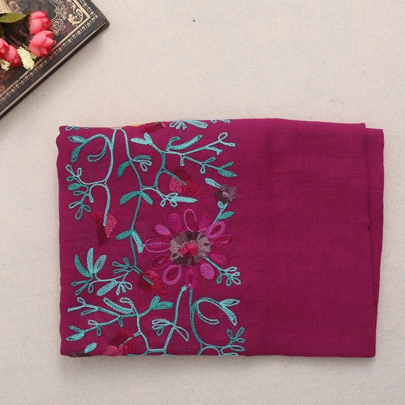50JB Bufanda floral lino y algodón bordada para mujer Bufanda tipo chal Pashmina Bufandas envolventes
