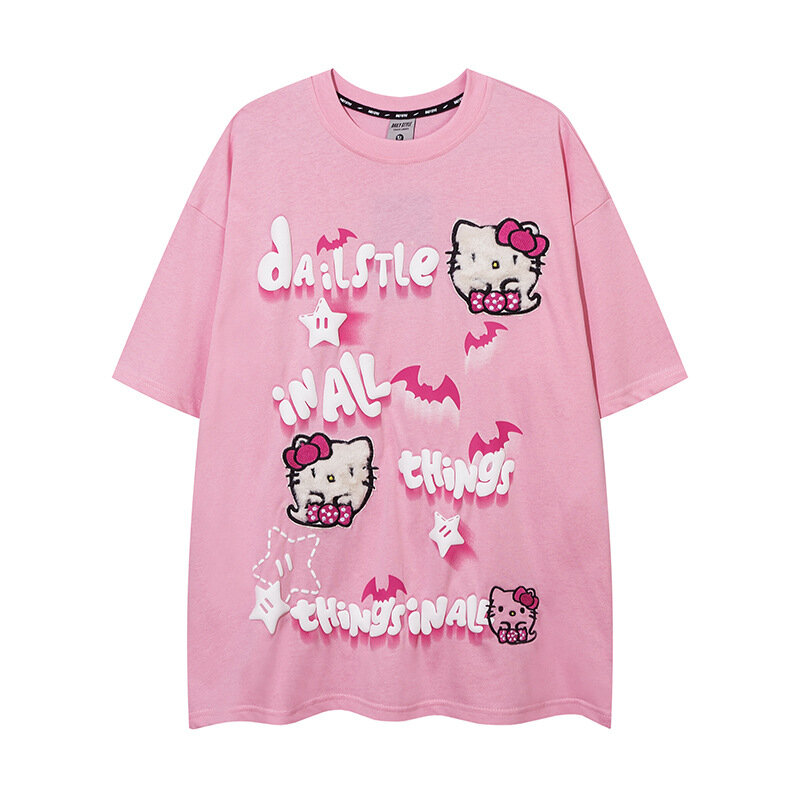 Sanrio Gothic Hello Kitty Short Sleeved T-shirt Summer New Oversize Black Emo Hip Hop Harajuku Tees Yk2 Fashion Pink 2000s Top