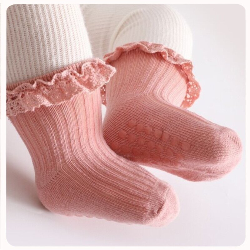 0-6 maanden baby katoenen sokken prinses meisje ruches kant enkelsokken sterke grips Y55B