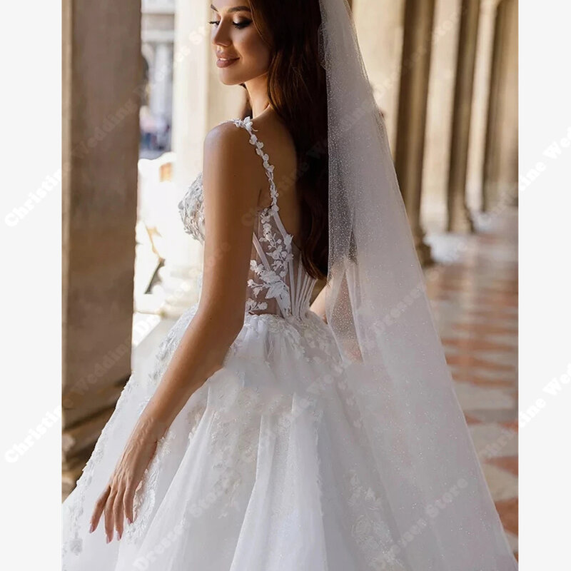 Gaun pengantin wanita tanpa lengan renda Tulle gaun pengantin Tulle cetak bunga gaun pengantin pertunangan Putri Vestido De Novia Estilo Boho Chic