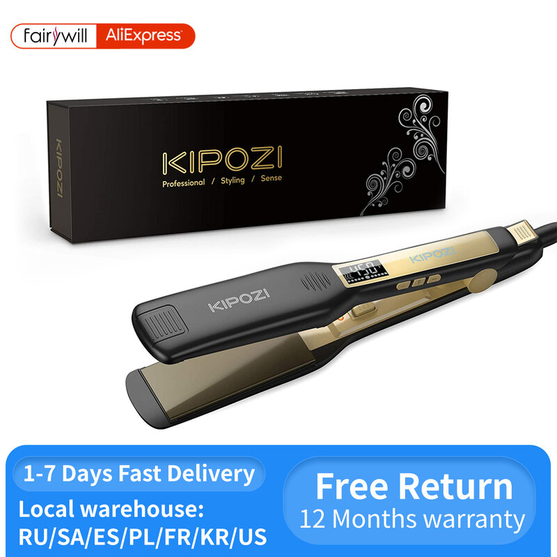 KIPOZI – fer à lisser professionnel en titane avec affichage numérique LCD, fer à friser à chauffage instantané à double tension