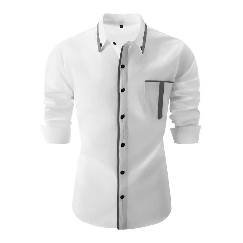 Новинка 2024 Мужская облегающая Однотонная рубашка с карманами и длинными рукавами деловая Повседневная белая рубашка мужская брендовая классическая