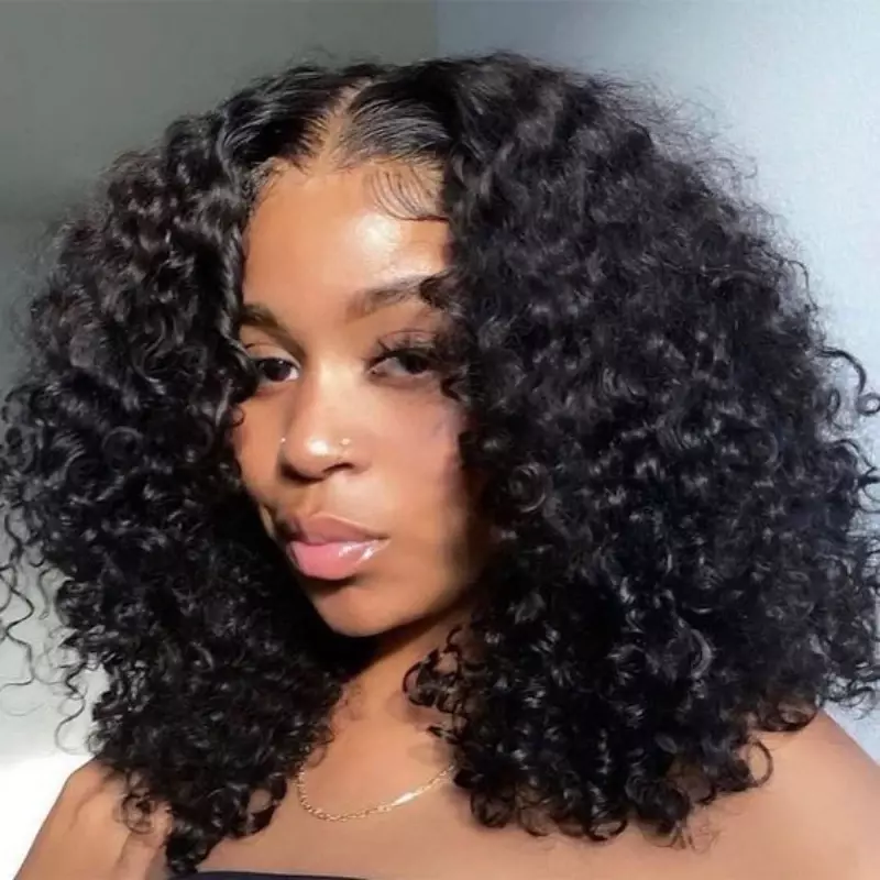 20 Inches Women's Front Lace Long Curly Hair African Small Curly Wig Set with Lace Headpiece Synthetic Human Hair