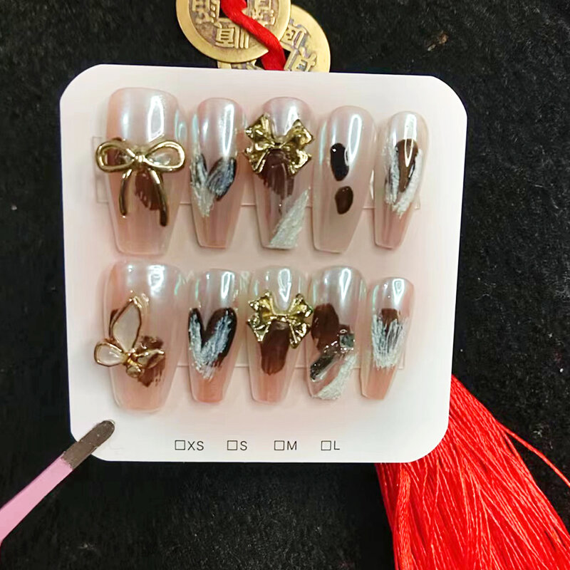 Press on Nails Classical Chinese Knot ButterflyDrawing a Portrait Nail Tip Handmade Wedding Celebration Reusable Fake Nails