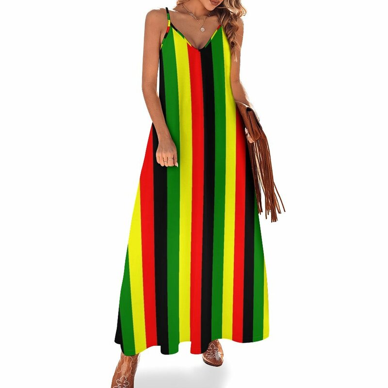 Rasta Colors 스트라이프 패턴 민소매 드레스, 레드 그린 골드 브라이트 컬러, 여자 드레스, 느슨한 여름 드레스