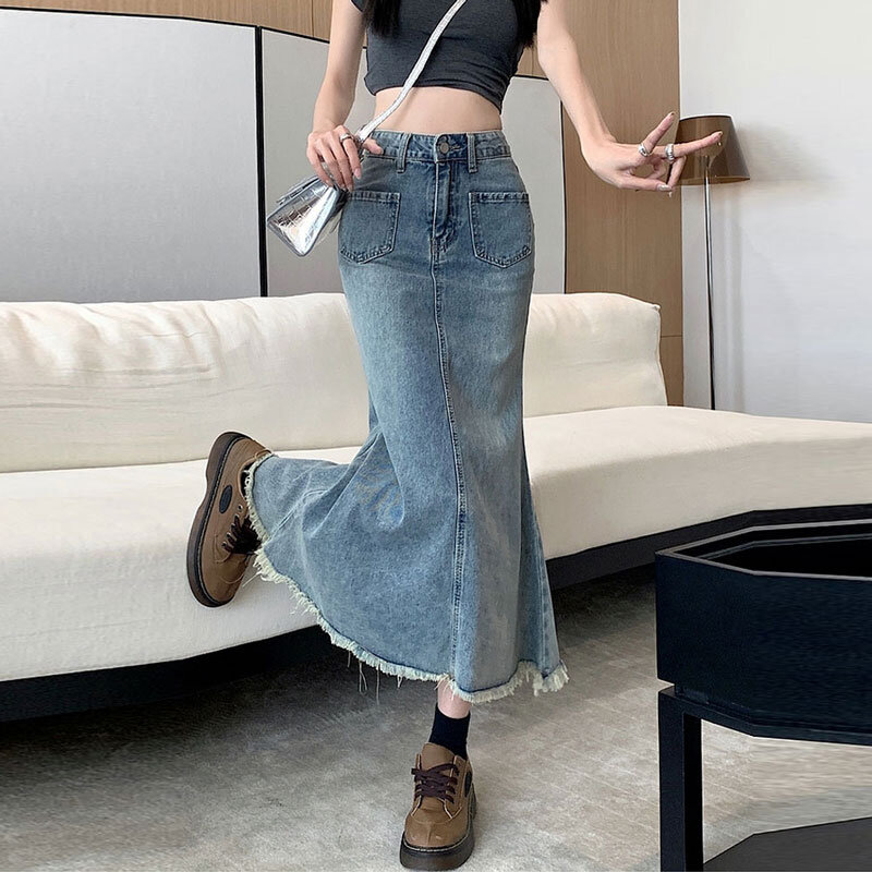 Half Hoge Taille Denim Rok Vrouwelijke Peervormige Cover Crotch Jute Design Retro Pakket Hip A-Line Fishtail Mid-Length Rok