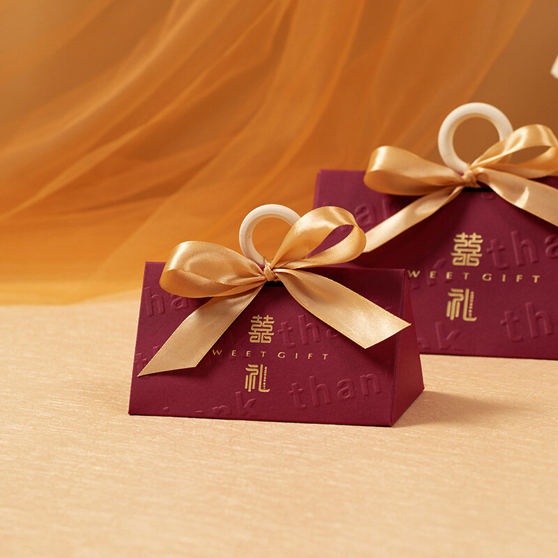 Caja de dulces de boda con triángulo de lazo dorado champán, caja de regalo portátil, deseos dulces, decoración de fiesta de boda feliz, ducha nupcial