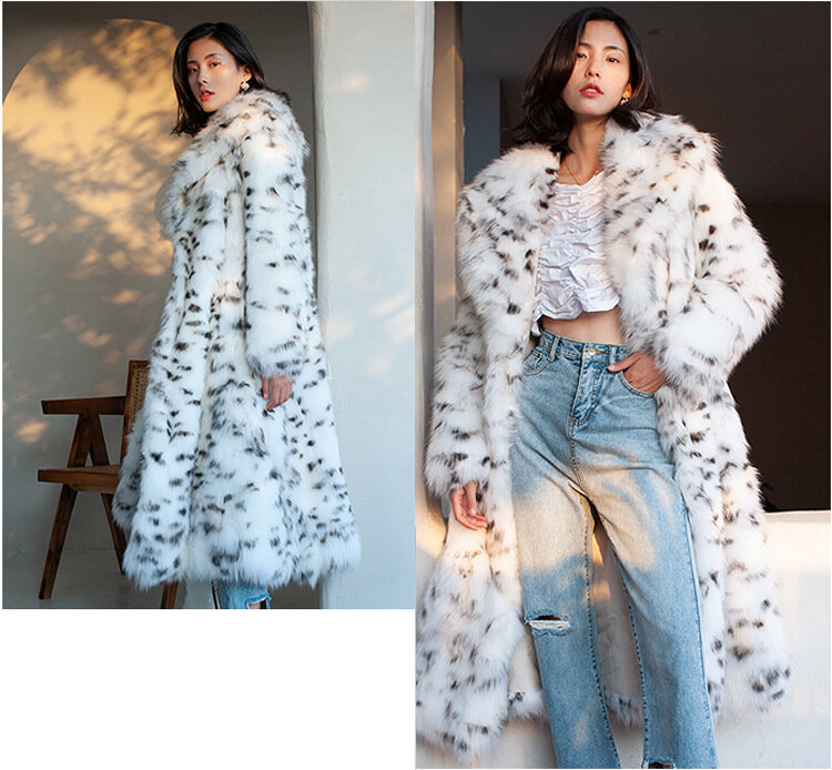 Winter Fox Fur Imitation Fur Coat Women's Long Warm Black Spotted Leopard Print Raccoon Fur Coat Large Size Leisure Windbreaker