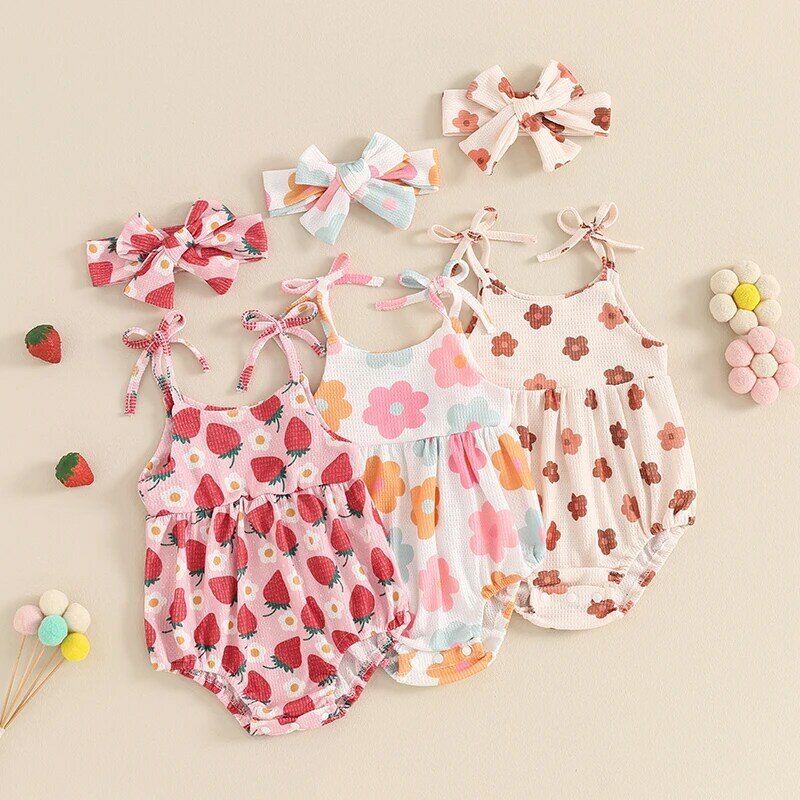 3901-04-02 Lioraitiin 0-18m niedlichen Neugeborenen Baby Sommer Bodysuit Blumen-/Erdbeer-Print ärmellose Krawatte Riemen Spiel anzug