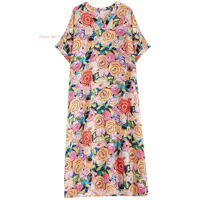 2024 chinese vintage dress traditional flower print v-neck folk dress oriental maxi dress feminino bohemian a-line loose dress
