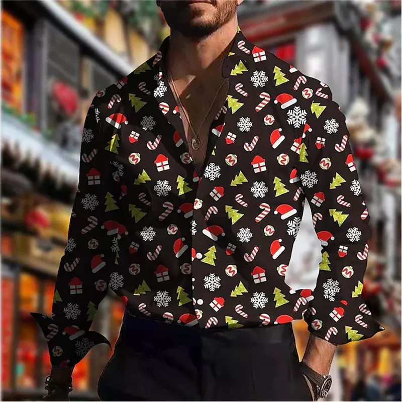 Christmas Shirt Snowman HD Pattern High Quality Fashion Men's Shirt Buttons Designer Design Tops Men's Lapel Plus Size 2024