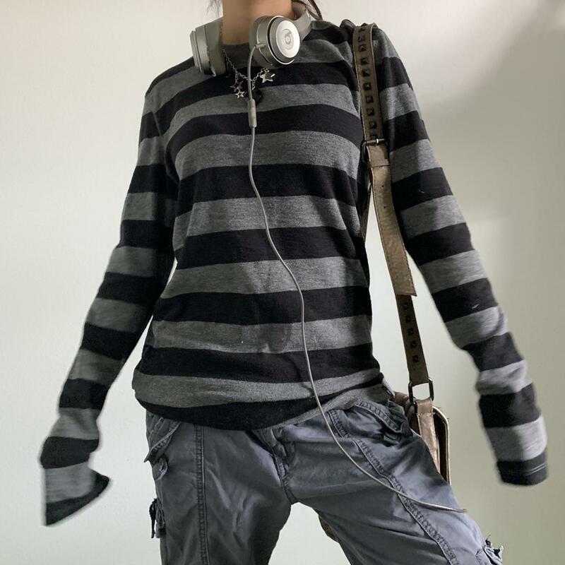 Donna Fairy Grunge Knit Basic Shirt autunno Y2K grigio nero a righe manica lunga girocollo top Emo Tee