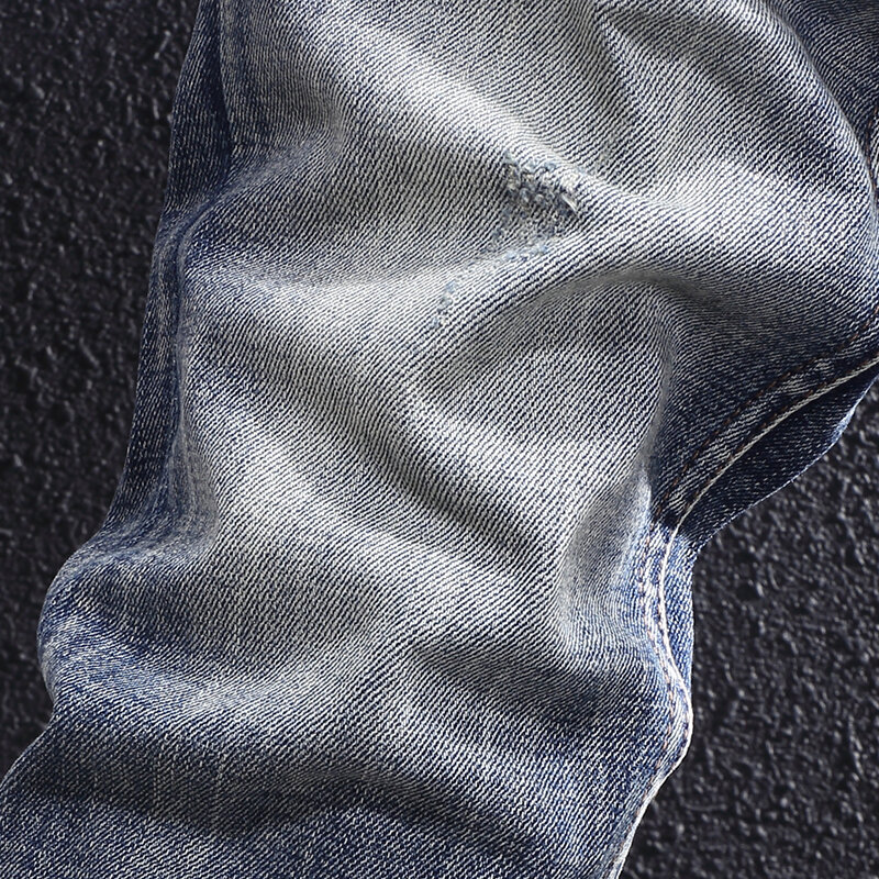Pantalones vaqueros rasgados elásticos para Hombre, Jeans de diseñador de moda Retro, azul, alta calidad, ajuste Delgado, pantalones vaqueros casuales Vintage para Hombre