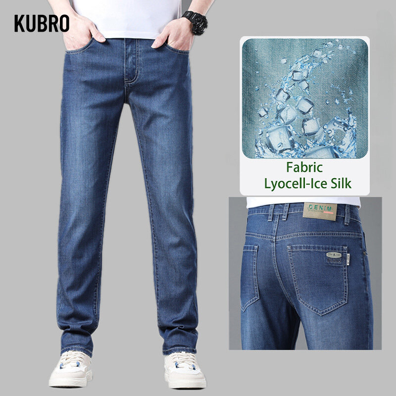 KUBRO Jeans di seta di ghiaccio Lyocell da uomo di moda americana estate sottile a vita alta Slim pantaloni di Jeans elasticizzati dritti di grandi dimensioni 28-40