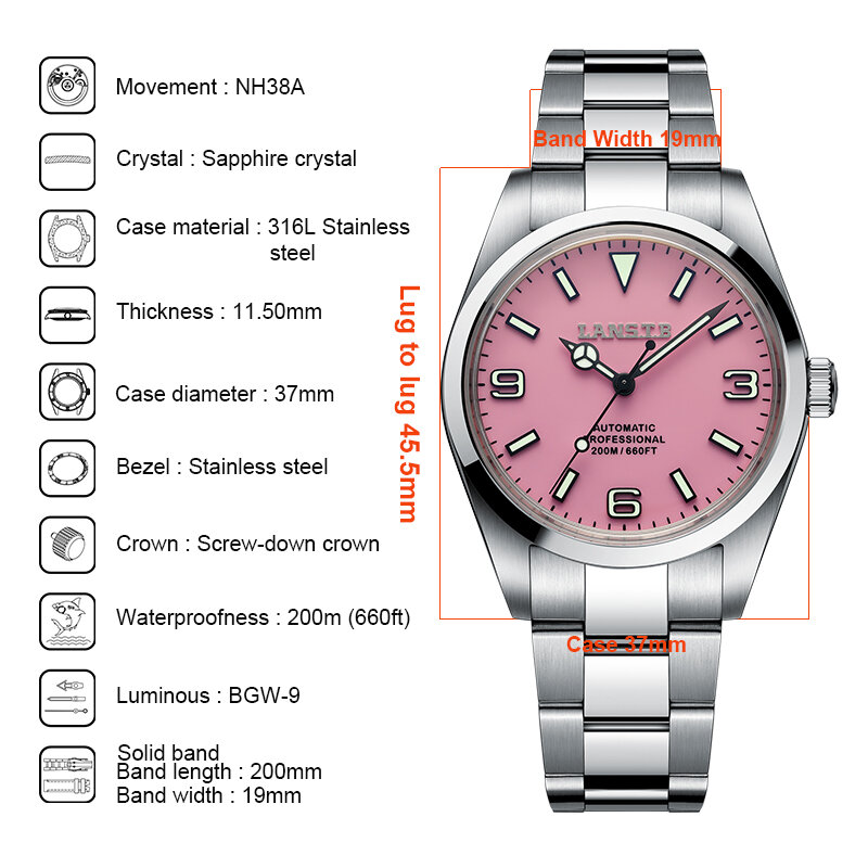 LANSTB-37mm の型のステンレス鋼のスポーツの腕時計、ピンクの女性は贅沢、NH38 自動動き、新しい防水ダイバーの腕時計を見ます