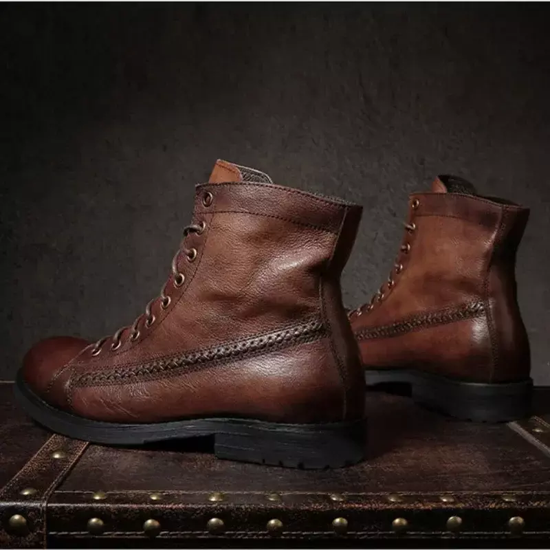 Bottes rétro en cuir faites à la main pour hommes, bottes de rinçage polonaises, chaussures montantes décontractées, bottines de moto à plateforme, nouveau