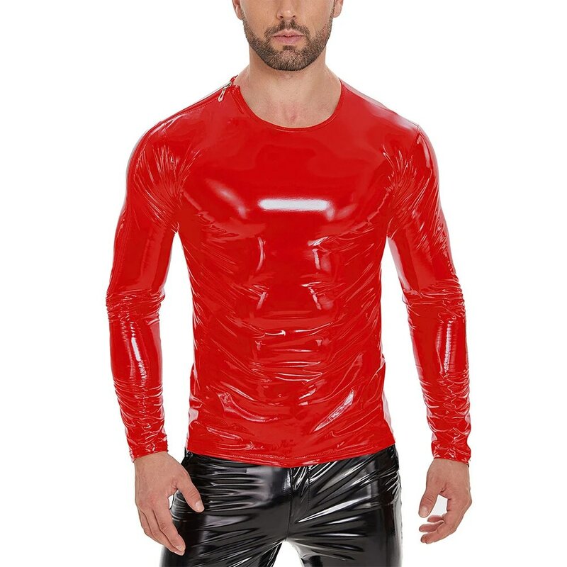 Herbst Männer T-Shirt Muskel hemd Rundhals ausschnitt Kunstleder glänzend Langarm O-Ausschnitt Rundhals ausschnitt Slim Fit einfarbig