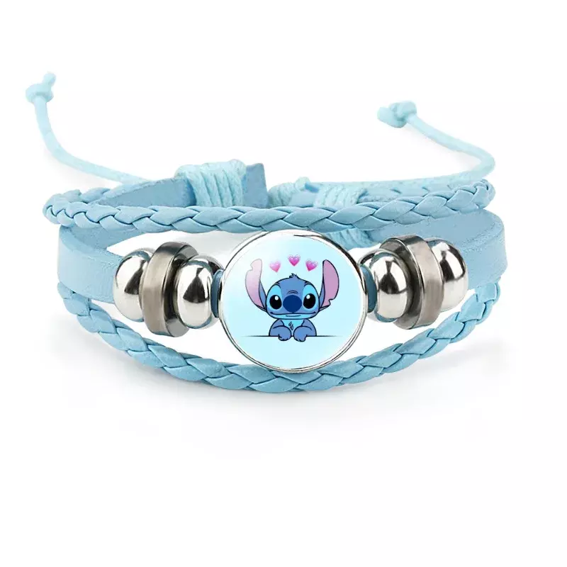 Disney Stitch Cartoon Leather Bracelet Blue Classic Braided Rope Chain Handmade Bracelets for Kids Jewelry Adjustable Bracelet