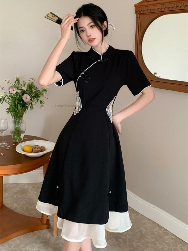 2023 Chinese Improved Hanfu Cheongsam Dress Women A Line Qipao New Fashion Style Short Sleeve Casual Daily Lady Cheongsam Dress