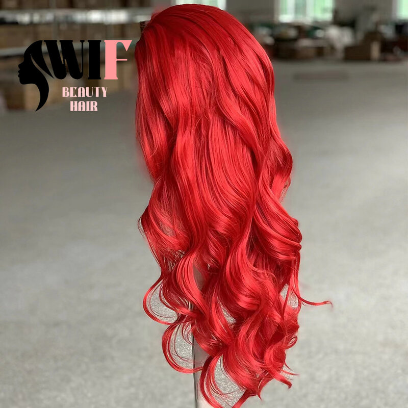 Wif heißen roten Körper gewellte synthetische Spitze Perücke lange gewellte Cosplay verwenden leuchtend rote Haare Wärme faser Spitze Front Perücken Make-up verwenden Haare