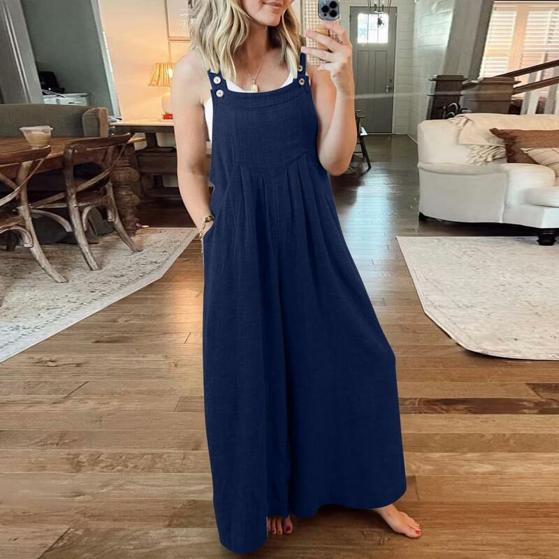 Women Jumpsuit Stylish Women's Summer Jumpsuit with Wide Leg Deep Crotch Adjustable Button Shoulder Strap Sleeveless for Casual
