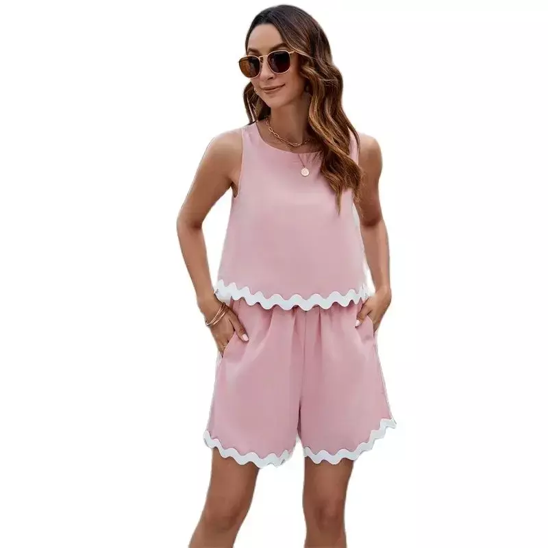 Women Sleeveless T-Shirt White Wave Stripe Decoration Two Piece Sets Elastic Waist Shorts Summer Comfortable Casual Female Suits