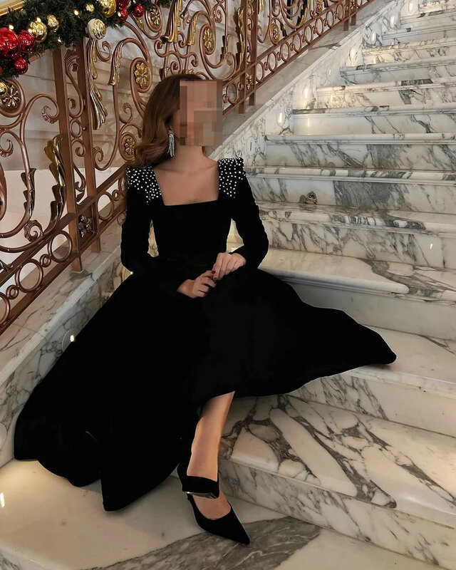 Jirocum wunderschöne schwarze Ballkleid Frauen Langarm Vierkant hals Party Abendkleid Samt Saudi-Arabien formelle Anlass Kleider