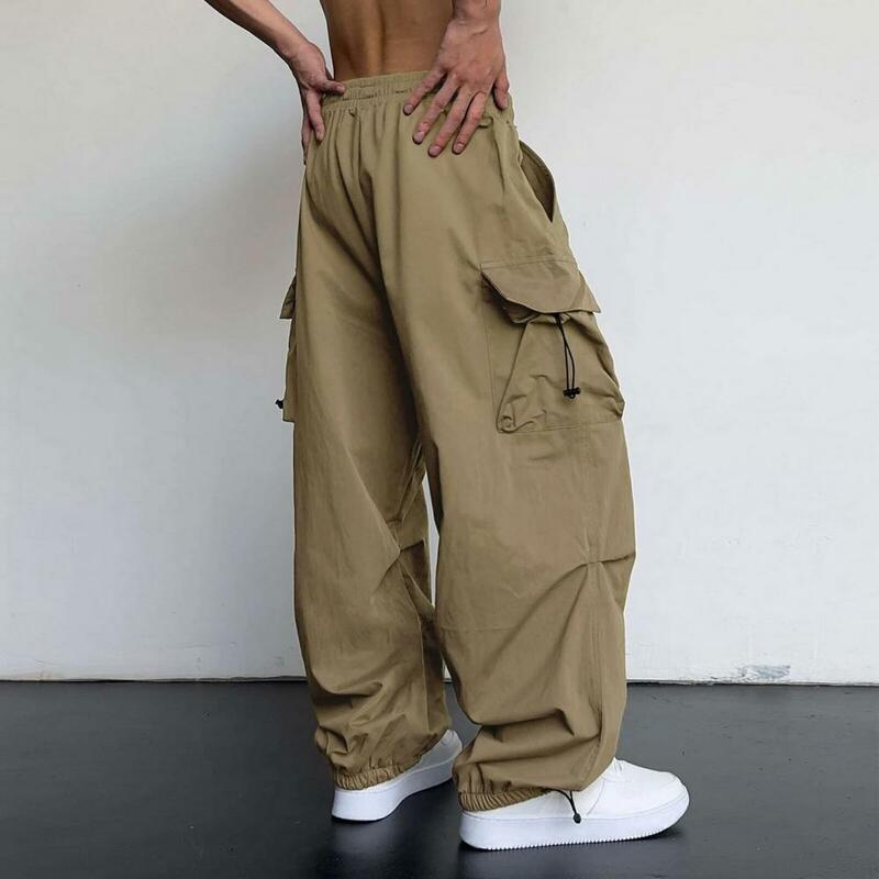 Spodnie z wieloma kieszeniami męskie spodnie Cargo z z wieloma kieszeniami elastyczny, wysoki talią głębokie krocze stylowe spodnie Streetwear na biodro