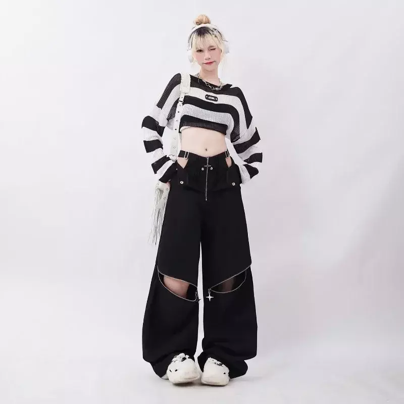 Pantalones largos de estilo Hip Hop para mujer, pantalón informal con cadena hueca, diseño único, Estilo Vintage