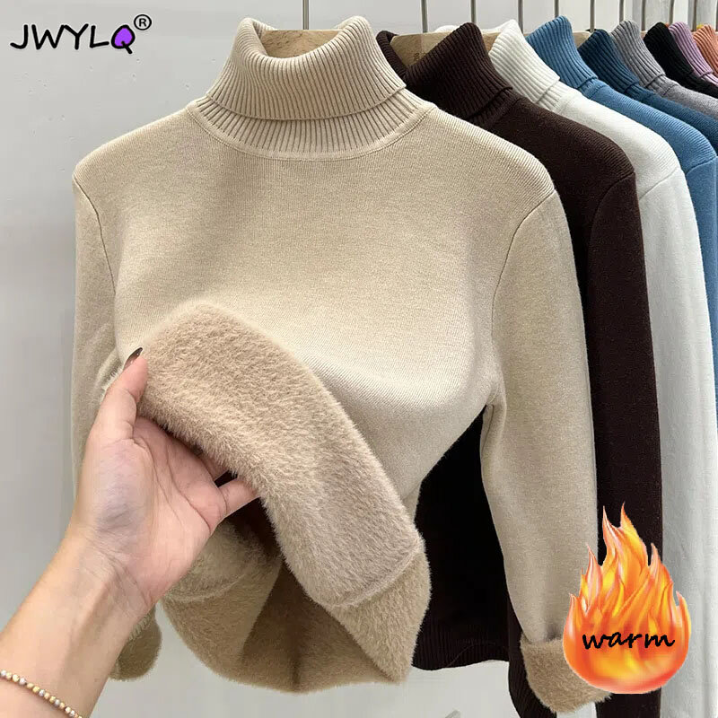 Sweater rajut beludru tebal, Turtleneck beludru tebal wanita Mode Korea berkerut hangat Sueter rajutan Pullover atasan ramping musim dingin Jersey Jumper rajut